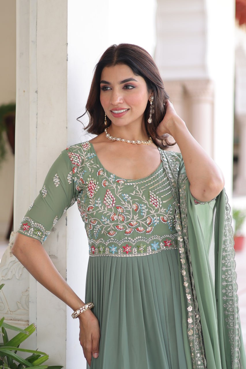 Evanik Women Faux Blooming With Beads Embroidery Work Gown Dupatta Collection