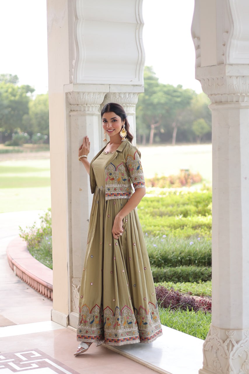 Evanik Women Vichitra Silk With Sequins, Zari & Thread Embroidered work Gown With Stylish Koti