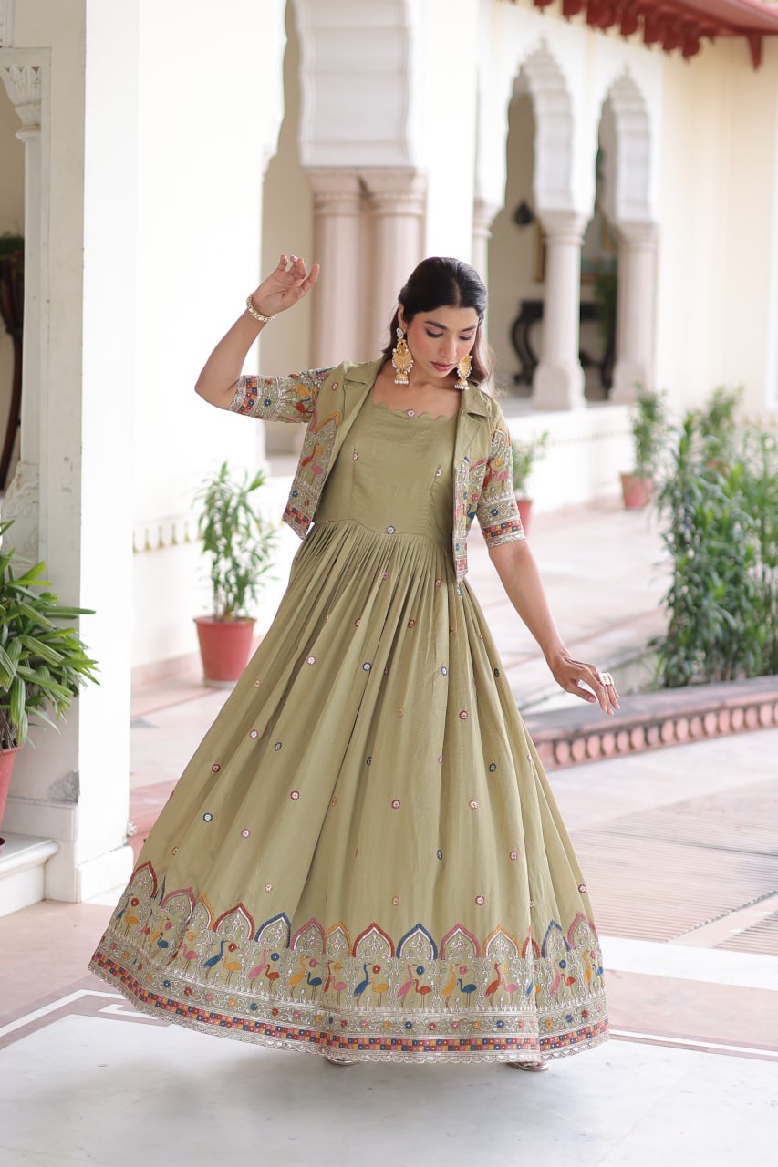 Evanik Women Vichitra Silk With Sequins, Zari & Thread Embroidered work Gown With Stylish Koti