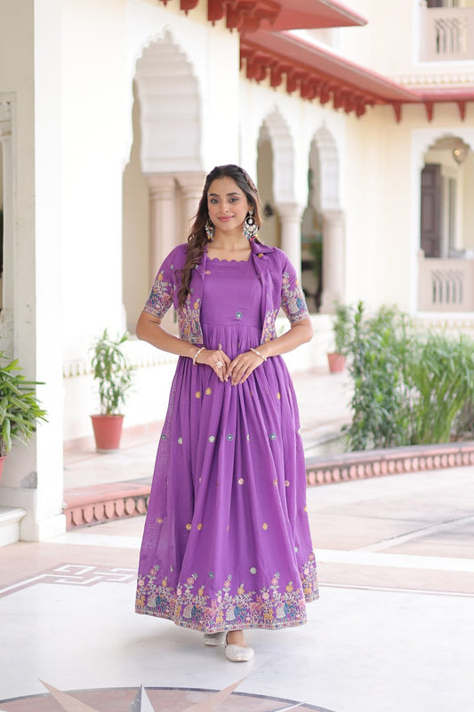 Evanik Women Vichitra Silk With Sequins, Zari & Thread Embroidered work Gown With Stylish Koti
