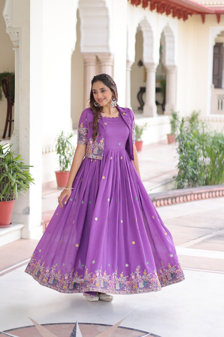 Evanik Women Vichitra Silk With Sequins, Zari & Thread Embroidered work Gown With Stylish Koti