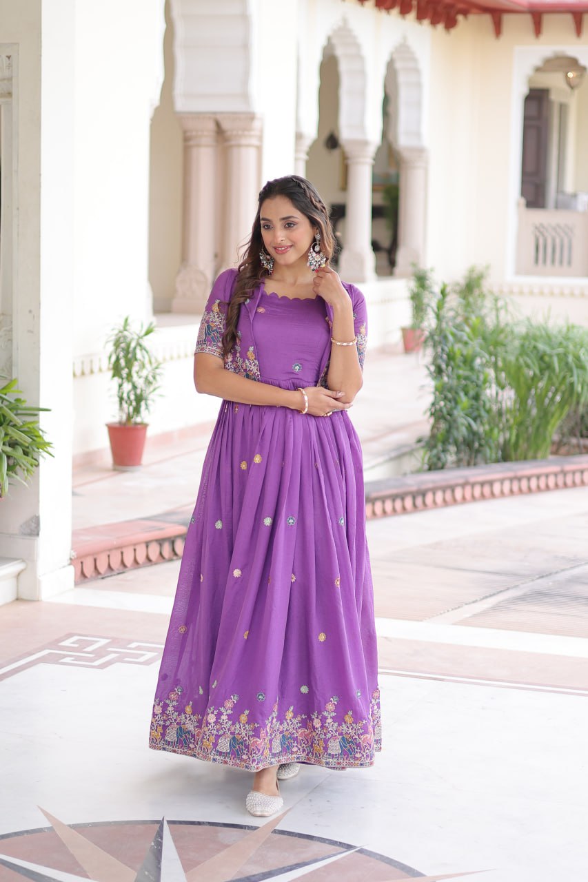 Evanik Women Vichitra Silk With Sequins, Zari & Thread Embroidered work Gown With Stylish Koti