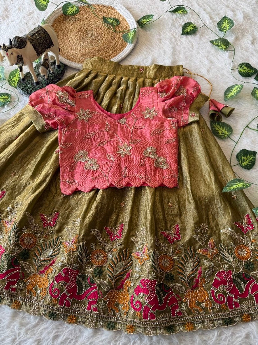 Evanik Pink Space Silk Elephant Mission Embroidered Work Kids Lehenga Choli Set