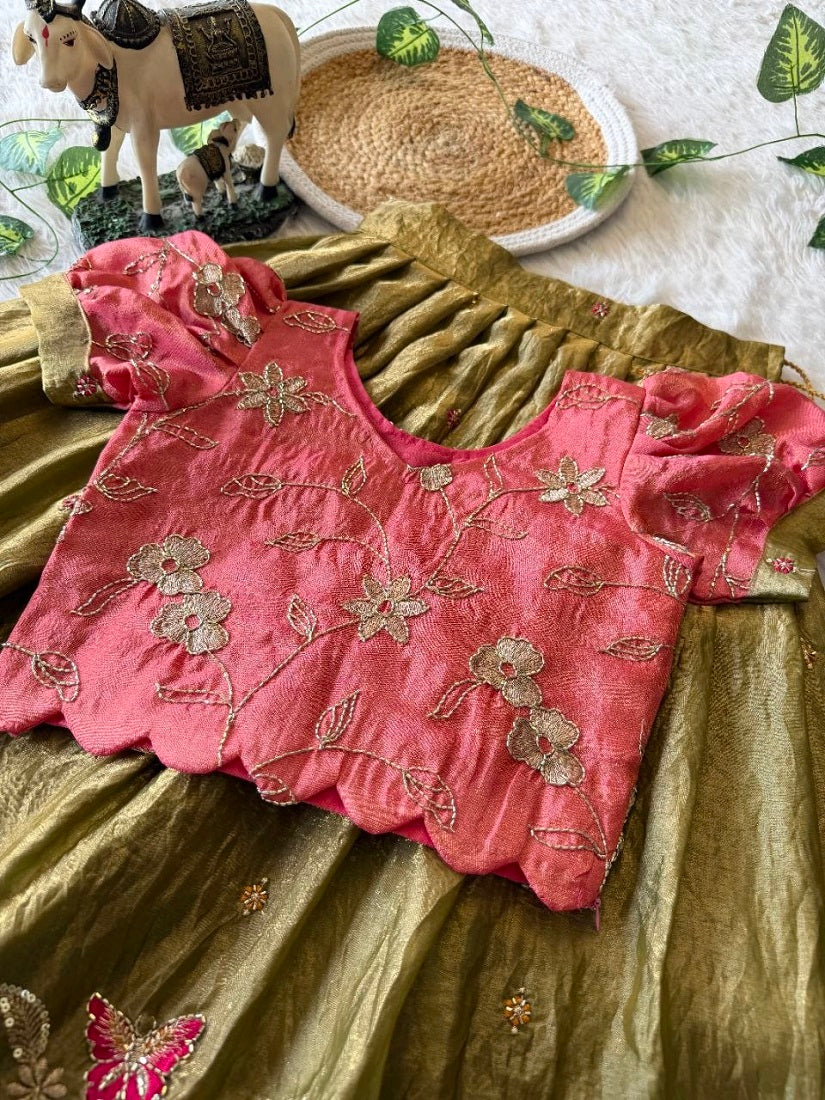 Evanik Pink Space Silk Elephant Mission Embroidered Work Kids Lehenga Choli Set