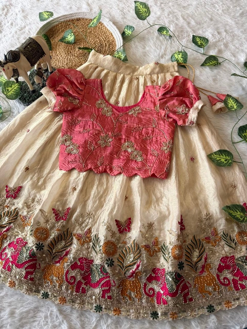 Evanik Pink Space Silk Elephant Mission Embroidered Work Kids Lehenga Choli Set