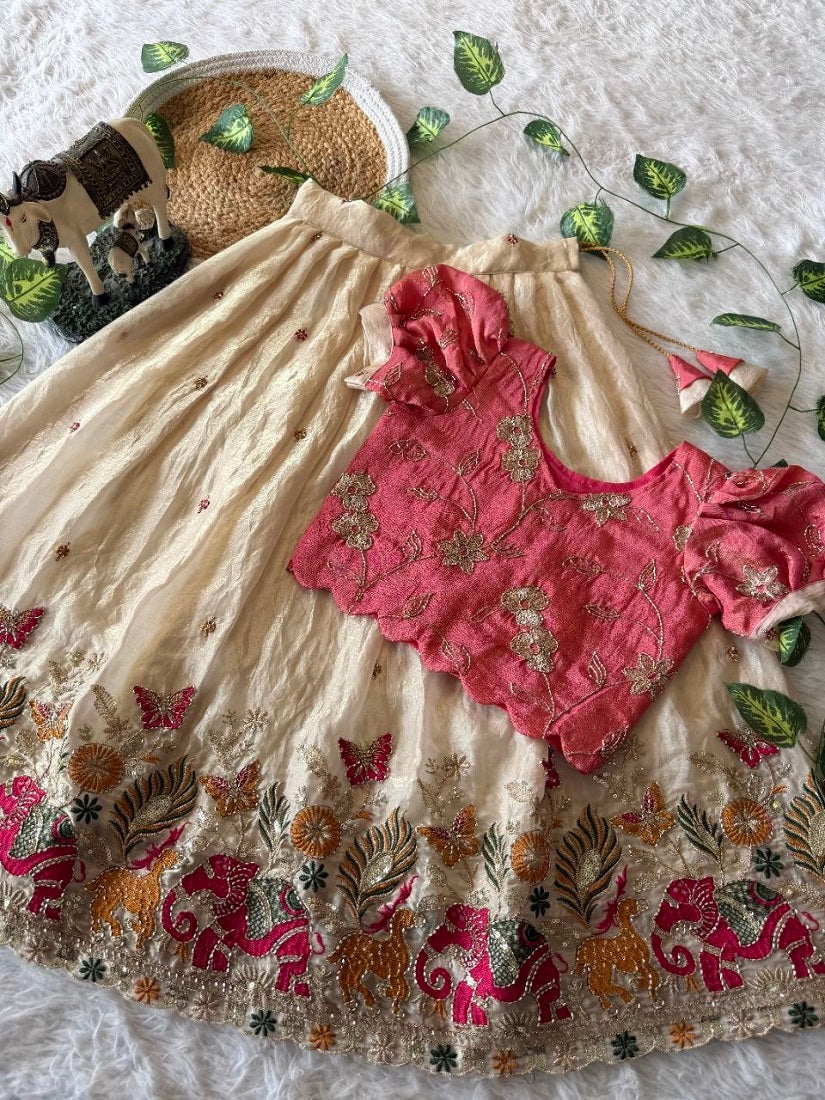 Evanik Pink Space Silk Elephant Mission Embroidered Work Kids Lehenga Choli Set