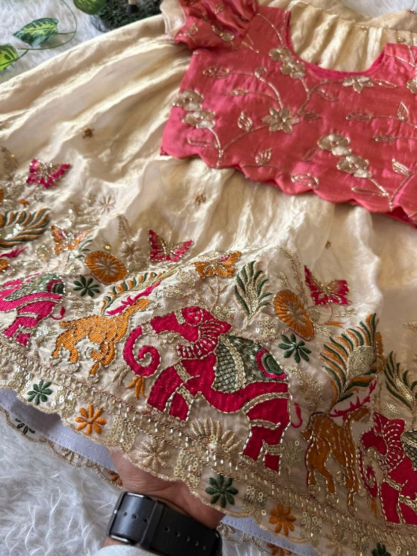 Evanik Pink Space Silk Elephant Mission Embroidered Work Kids Lehenga Choli Set