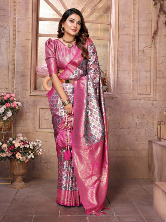 Anaita Rani Pink Banarasi Chaturi Silk With Weaving Saree With Blouse