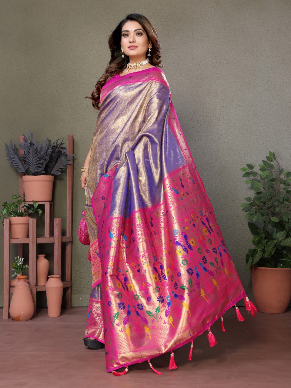 Anaita Lavender Tissue Silk With Paithani Woven Saree With Blouse