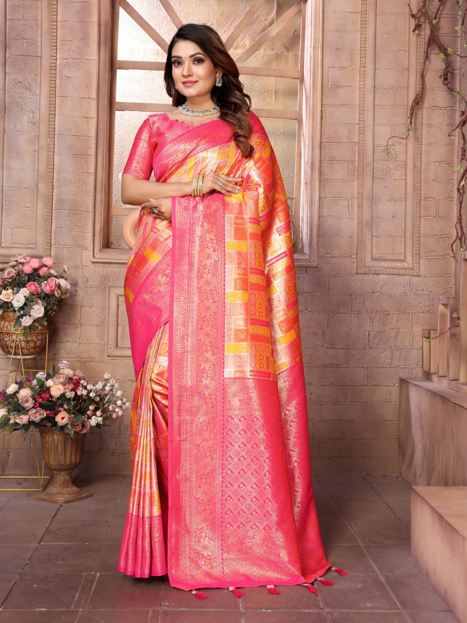 Anaita Orange Banarasi Chaturi Silk With Zari Weaving Saree With Blouse