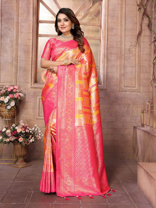 Anaita Orange Banarasi Chaturi Silk With Zari Weaving Saree With Blouse