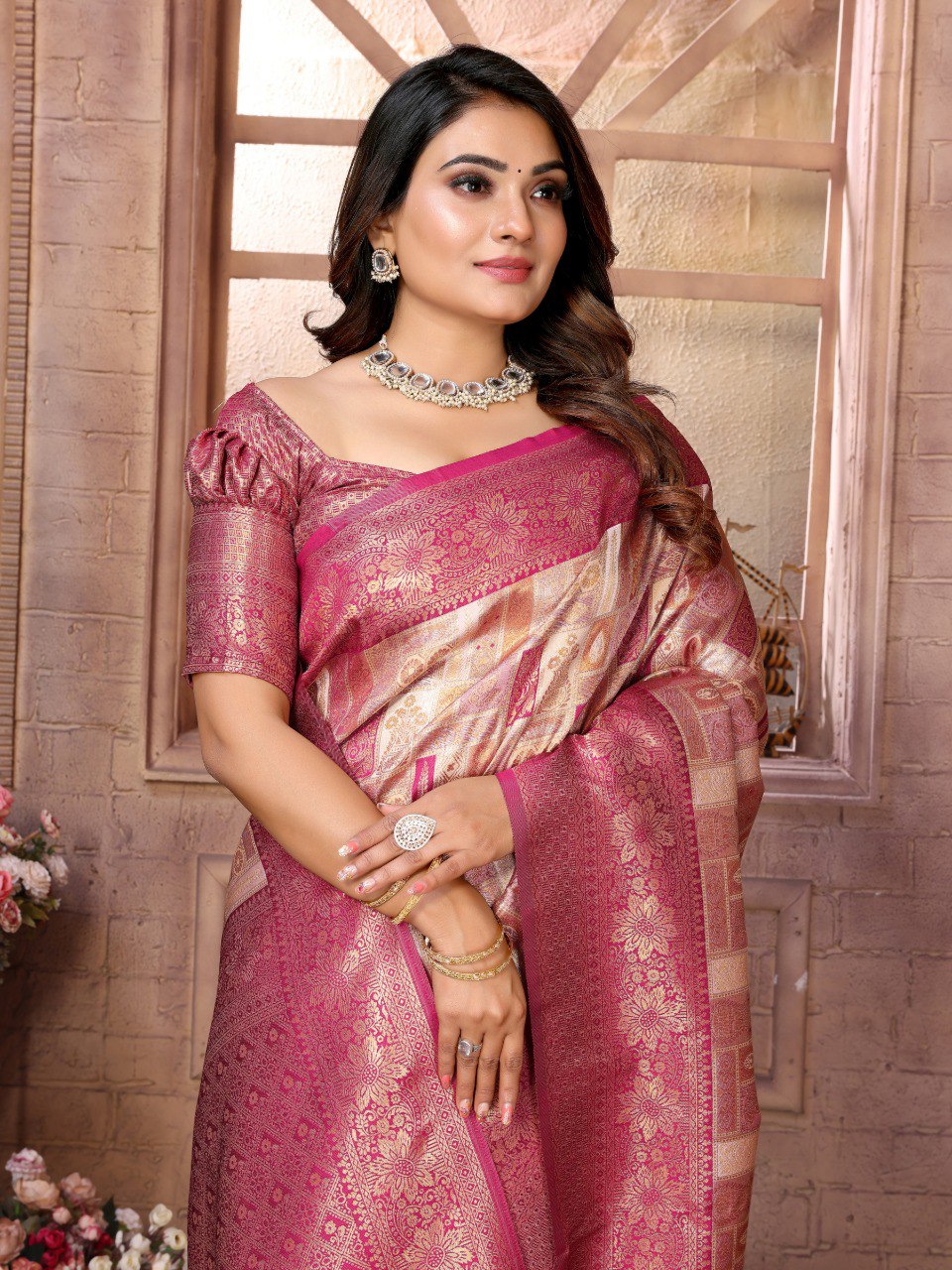 Anaita Pink Banarasi Chaturi Silk With Zari Weaving Saree With Blouse