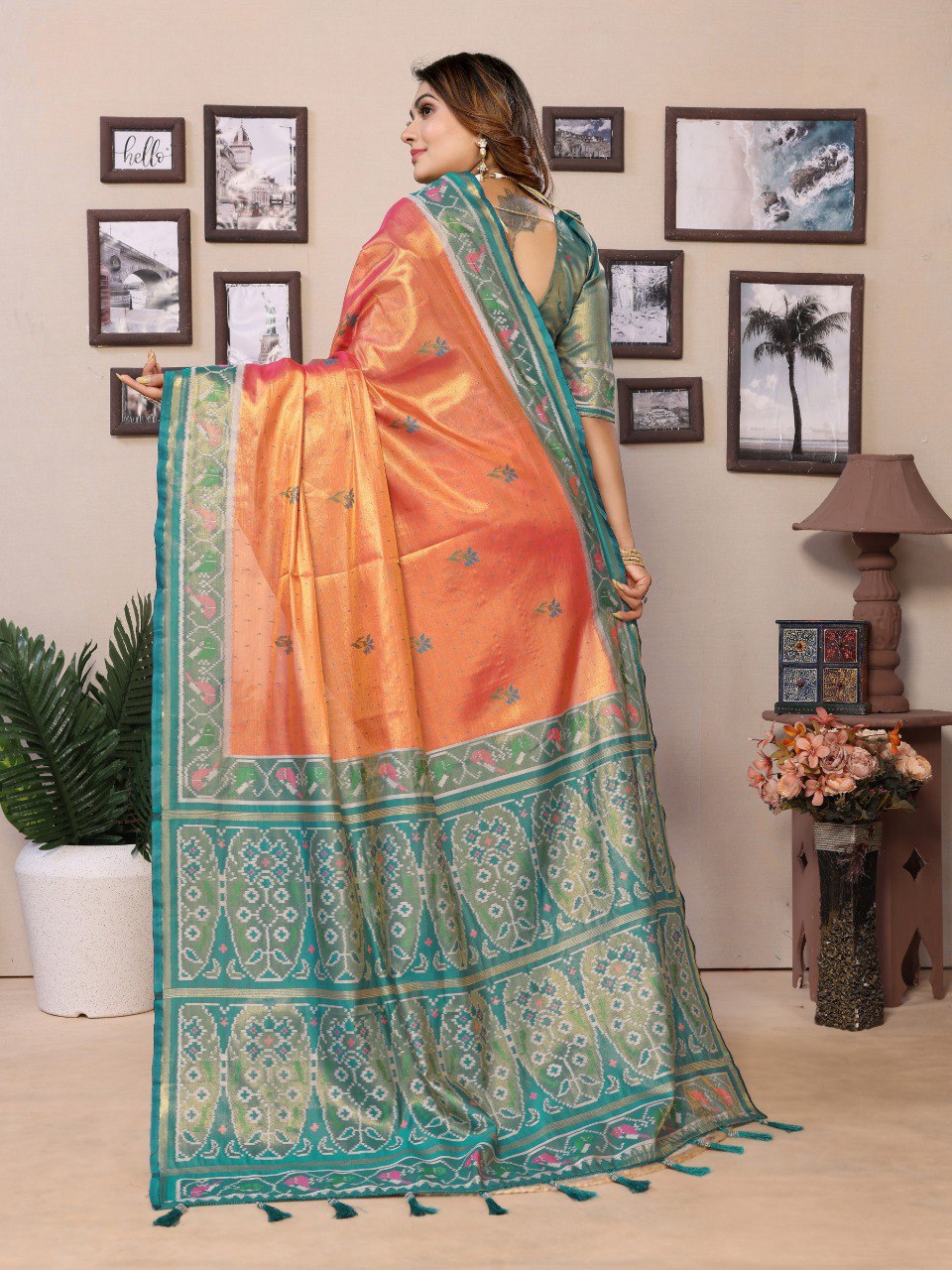 Anaita Orange Tissue Silk With Weaving Saree With Blouse