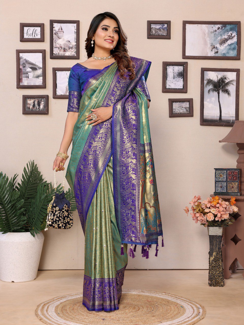 Anaita Sea Green Tissue Silk With Weaving Saree With Blouse