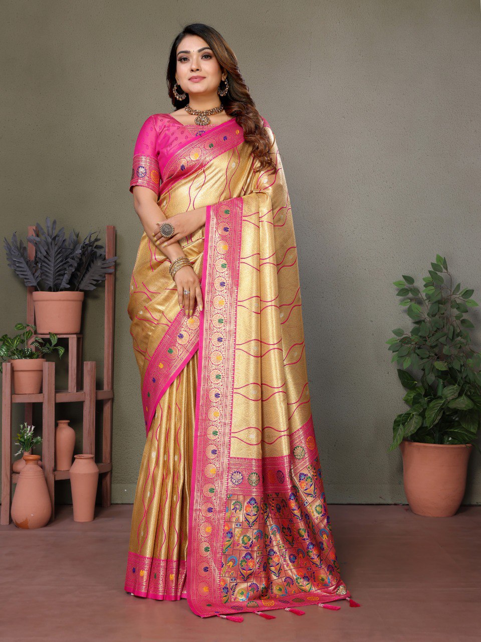 Anaita Dark Golden Tissue Silk With Weaving Saree With Blouse