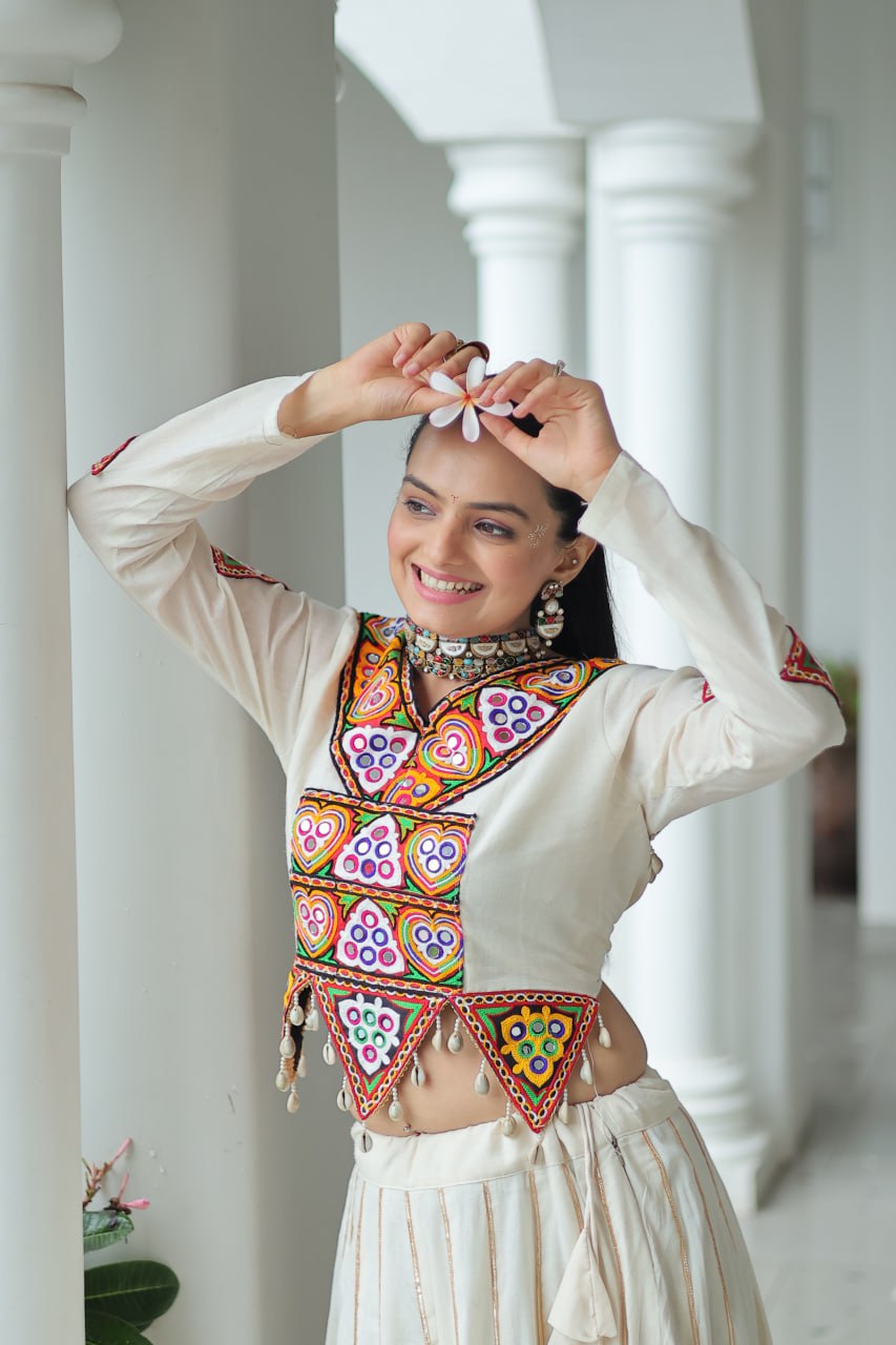 Evanik Navratri Off White Kora Cotton With Kutchi Work Stitched Lehenga Choli