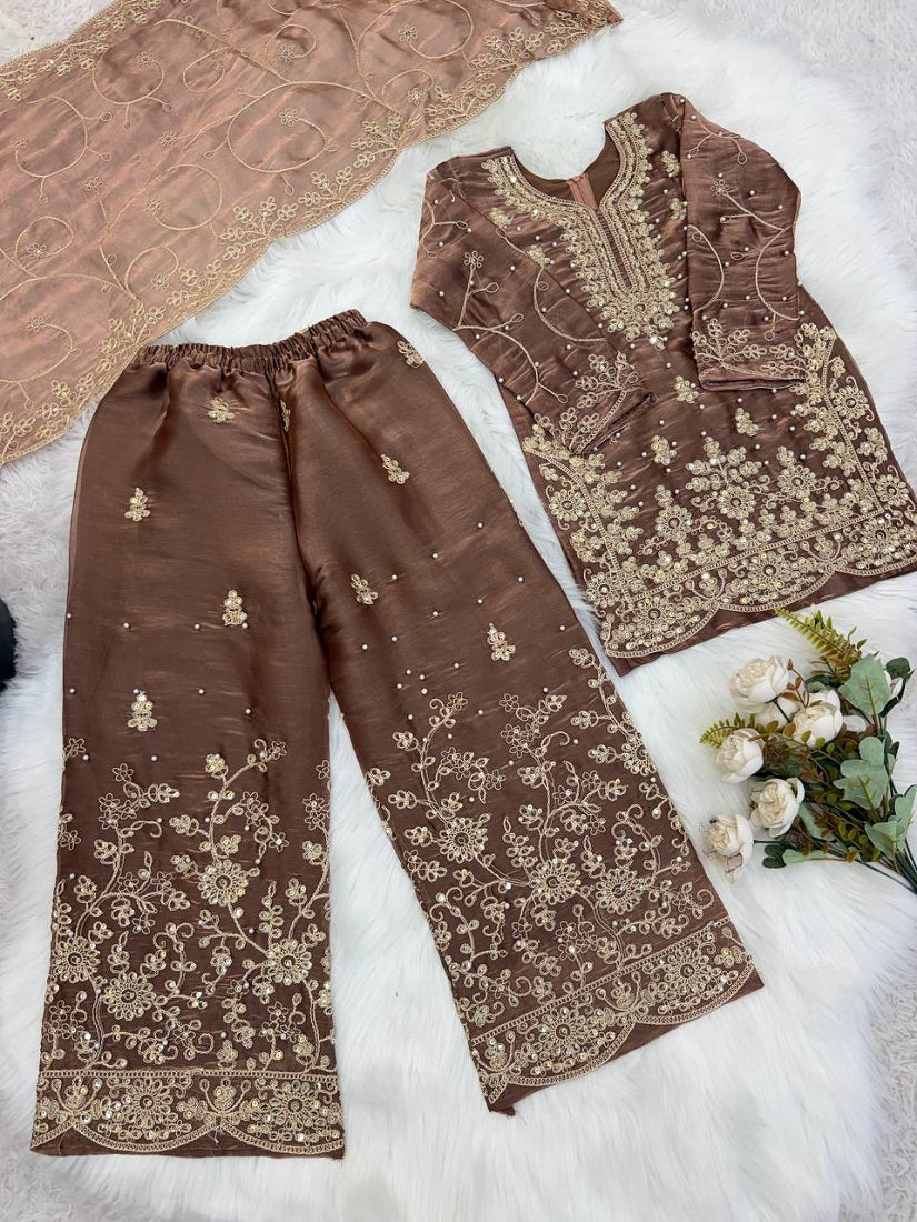 Evanik Brown Designer Wedding Embroidered Work Kids Palazzo Set