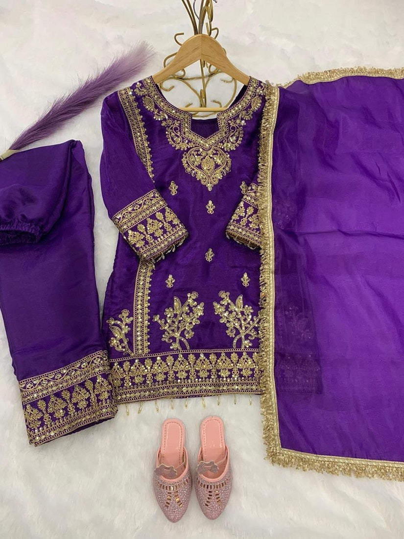 Evanik Purple Designer Party Wear Heavy Silk Kids Top Pant & Dupatta Set