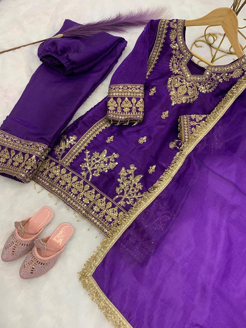 Evanik Purple Designer Party Wear Heavy Silk Kids Top Pant & Dupatta Set