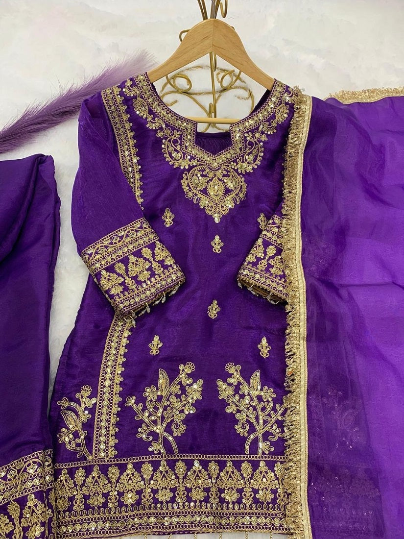 Evanik Purple Designer Party Wear Heavy Silk Kids Top Pant & Dupatta Set