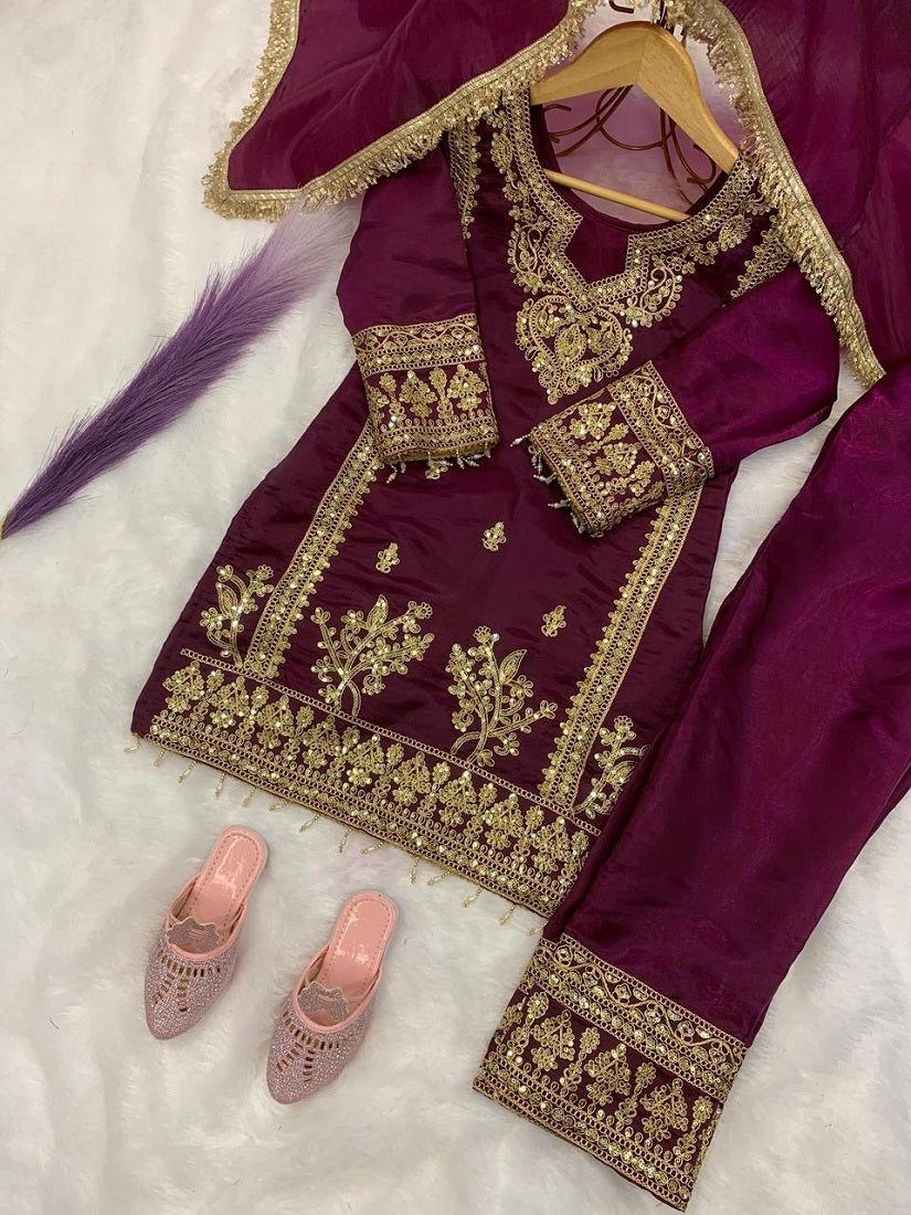 Evanik Purple Designer Party Wear Heavy Silk Kids Top Pant & Dupatta Set