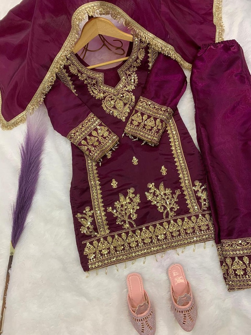 Evanik Purple Designer Party Wear Heavy Silk Kids Top Pant & Dupatta Set