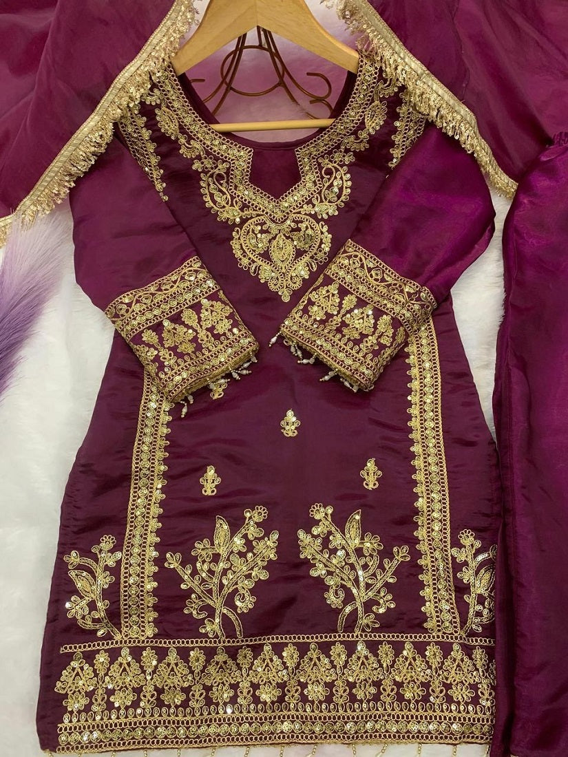 Evanik Purple Designer Party Wear Heavy Silk Kids Top Pant & Dupatta Set