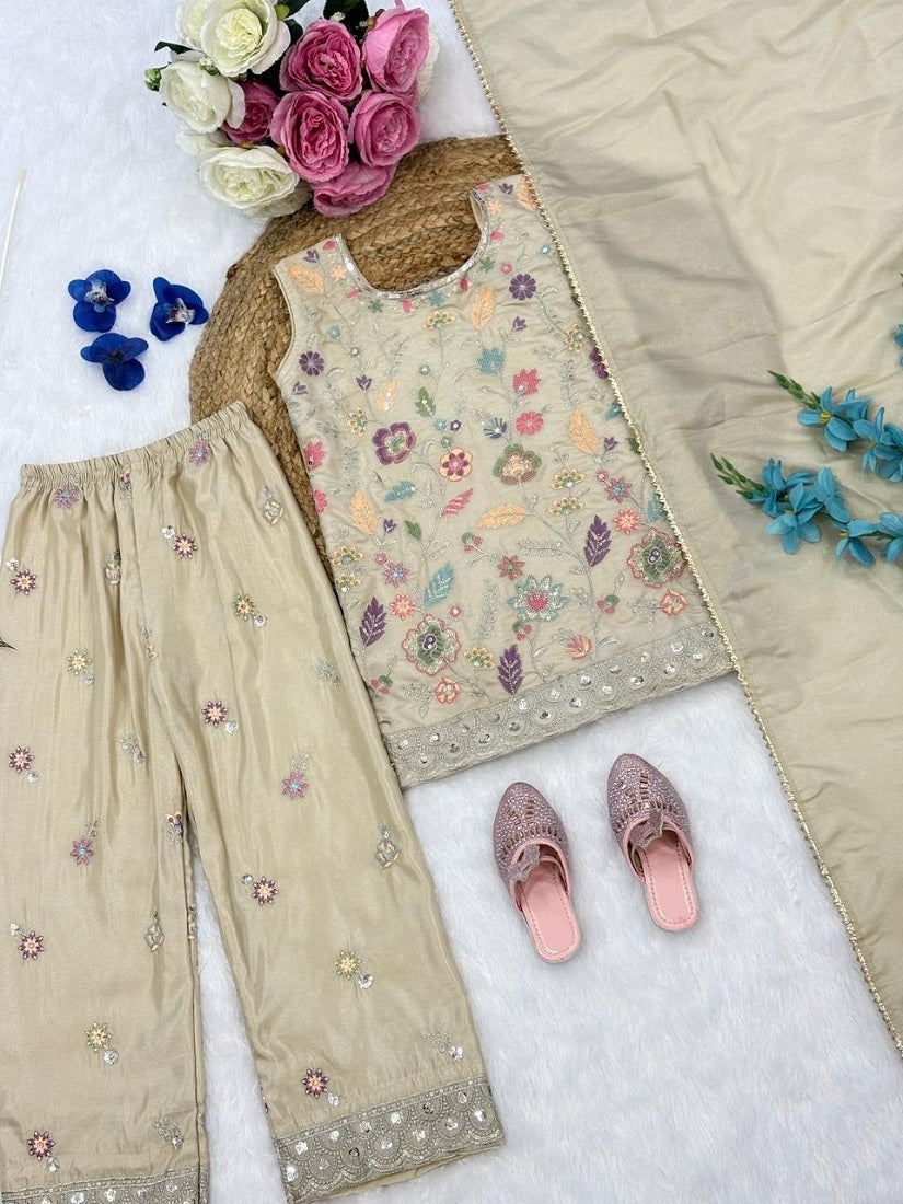 Evanik Girls' Beige Embroidered Kurta With Palazzos & Dupatta Set - Ethnic Festive Wear