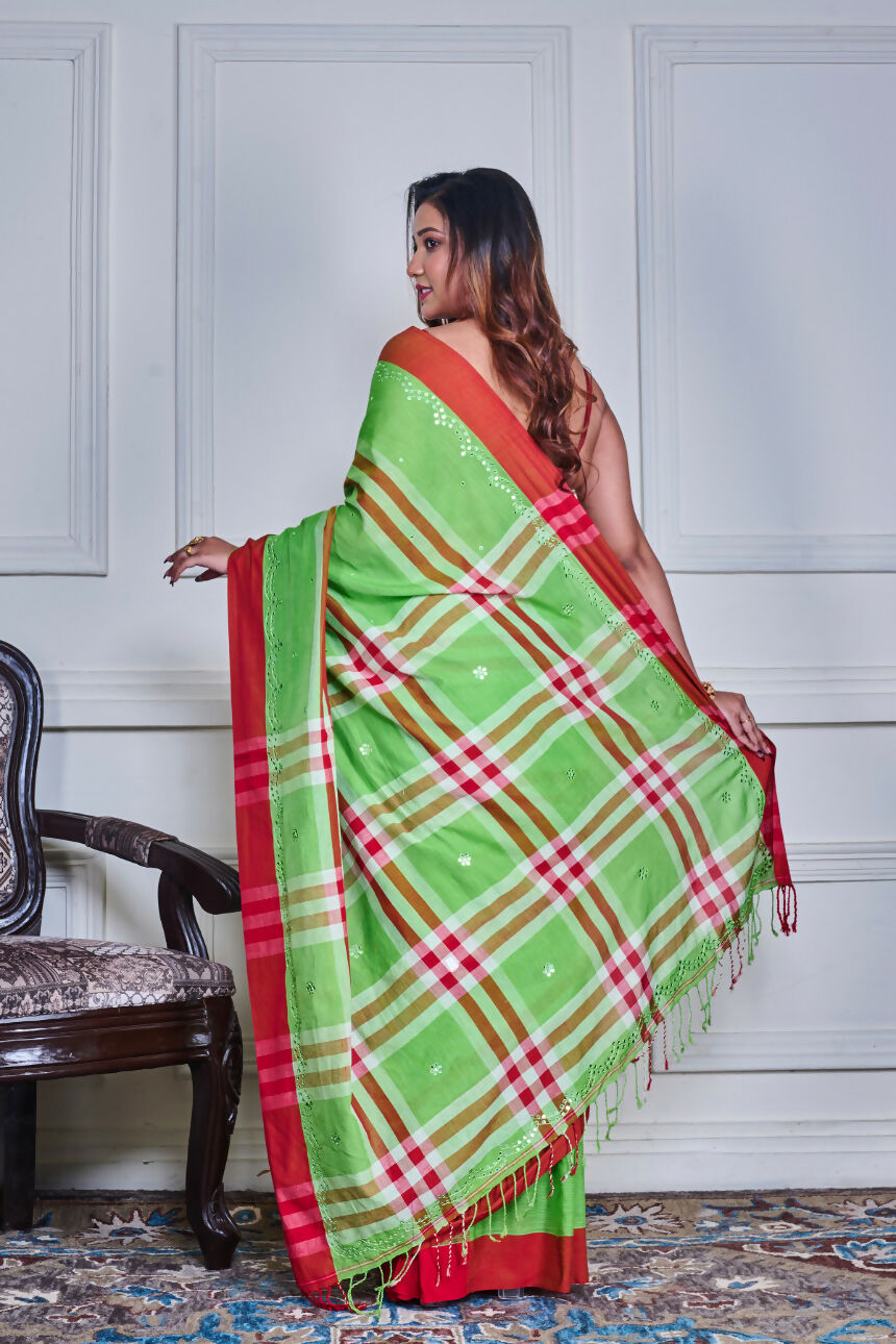 Morchari Green Cotton Handloom Mirror Work Saree Unstitched Blouse