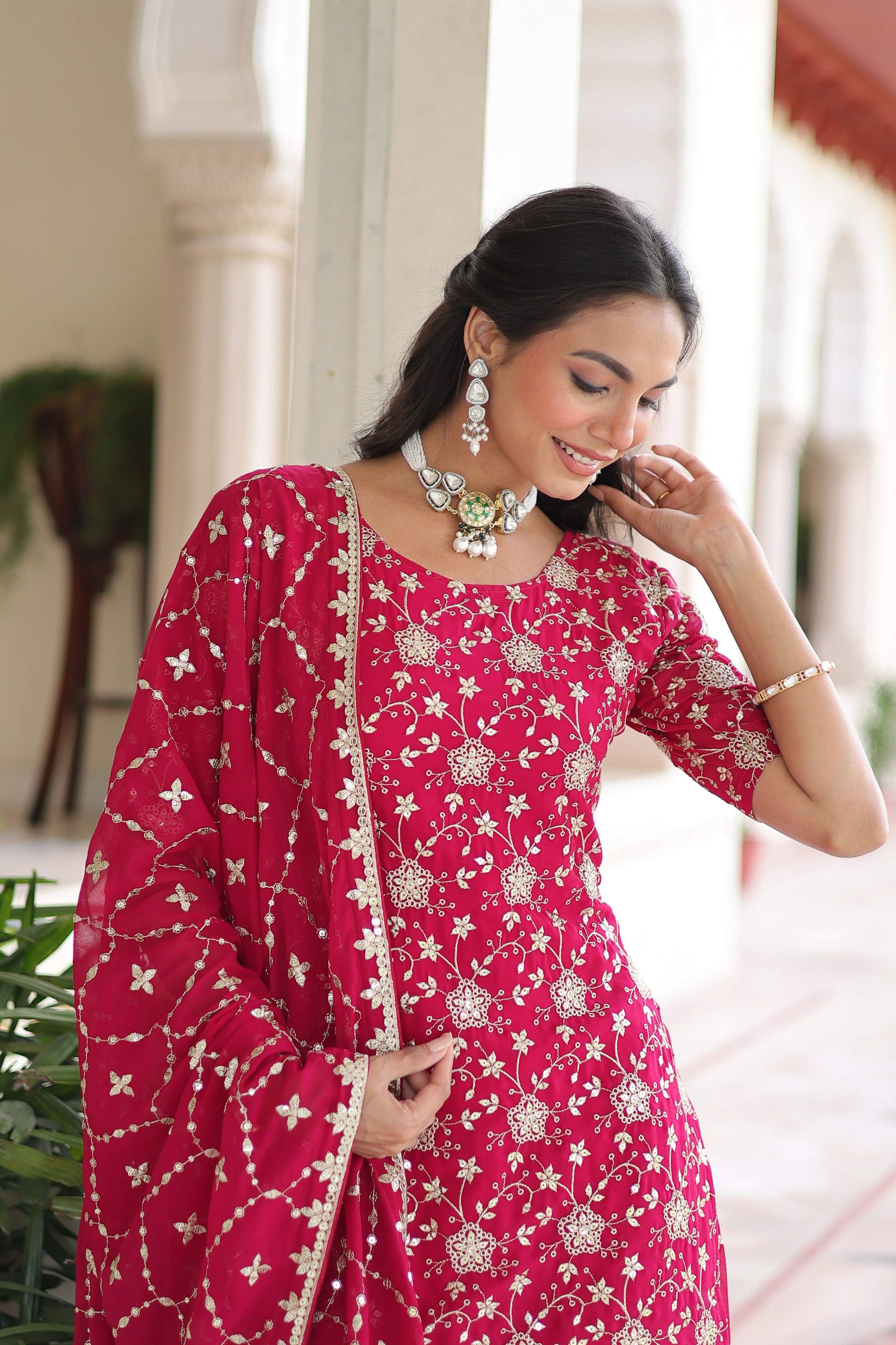 Joban Fashion Pink Readymade Kurta Set With Sequence embroidery Work