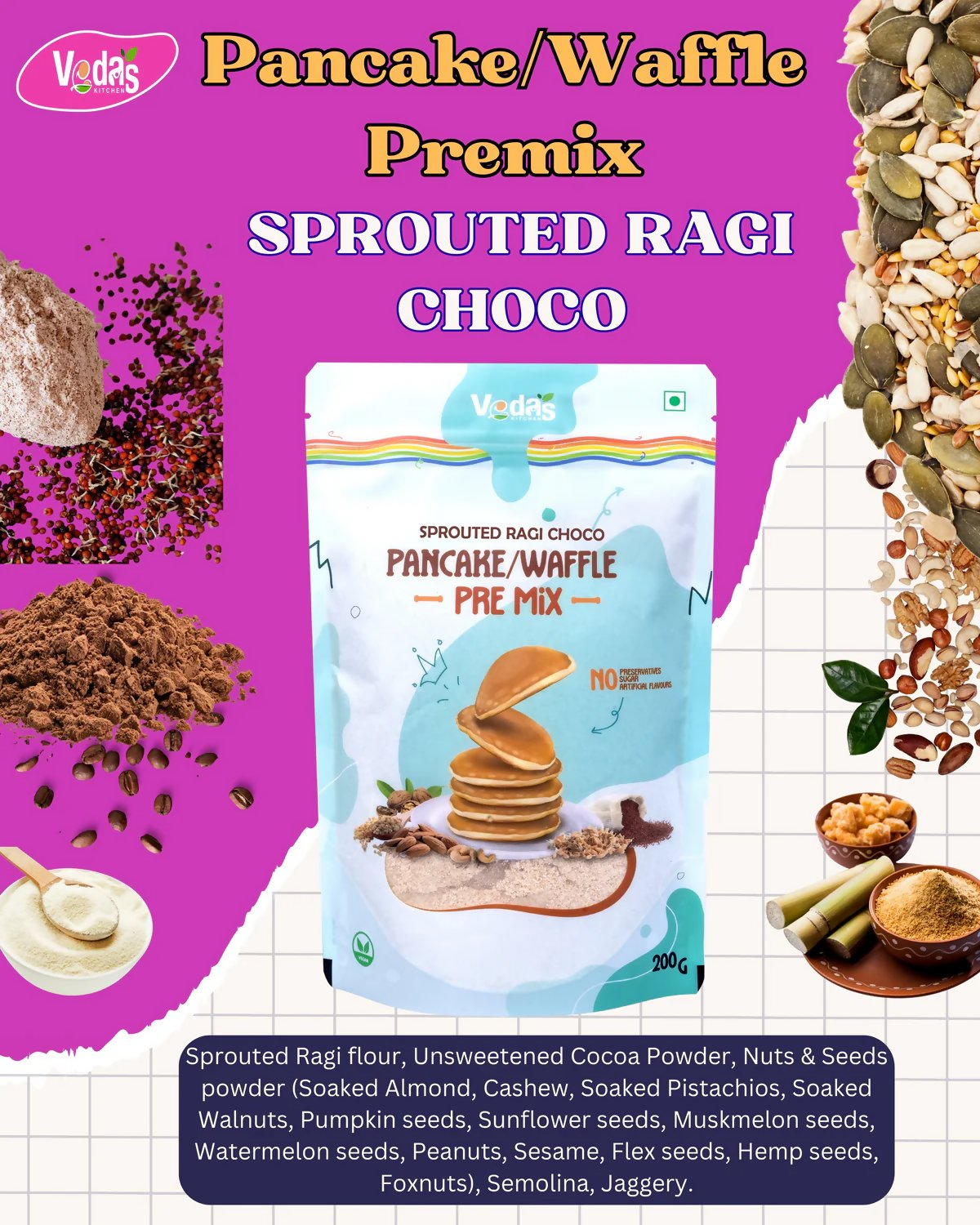 Vedas Kitchen Sprouted Ragi Choco Waffle/Pancake Premix  Grab2Buy Vedas Kitchen Grab2Buy