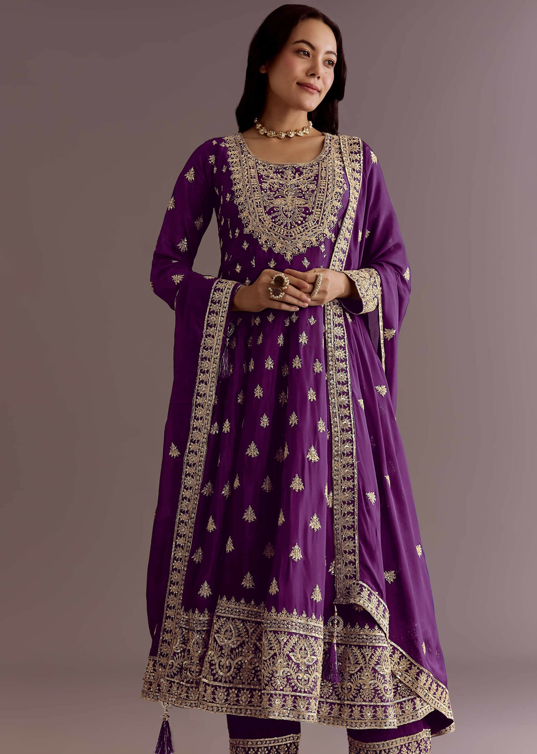Teeya Creation Wine Color Chinon Silk Embroidery Work Wedding Wear Gown