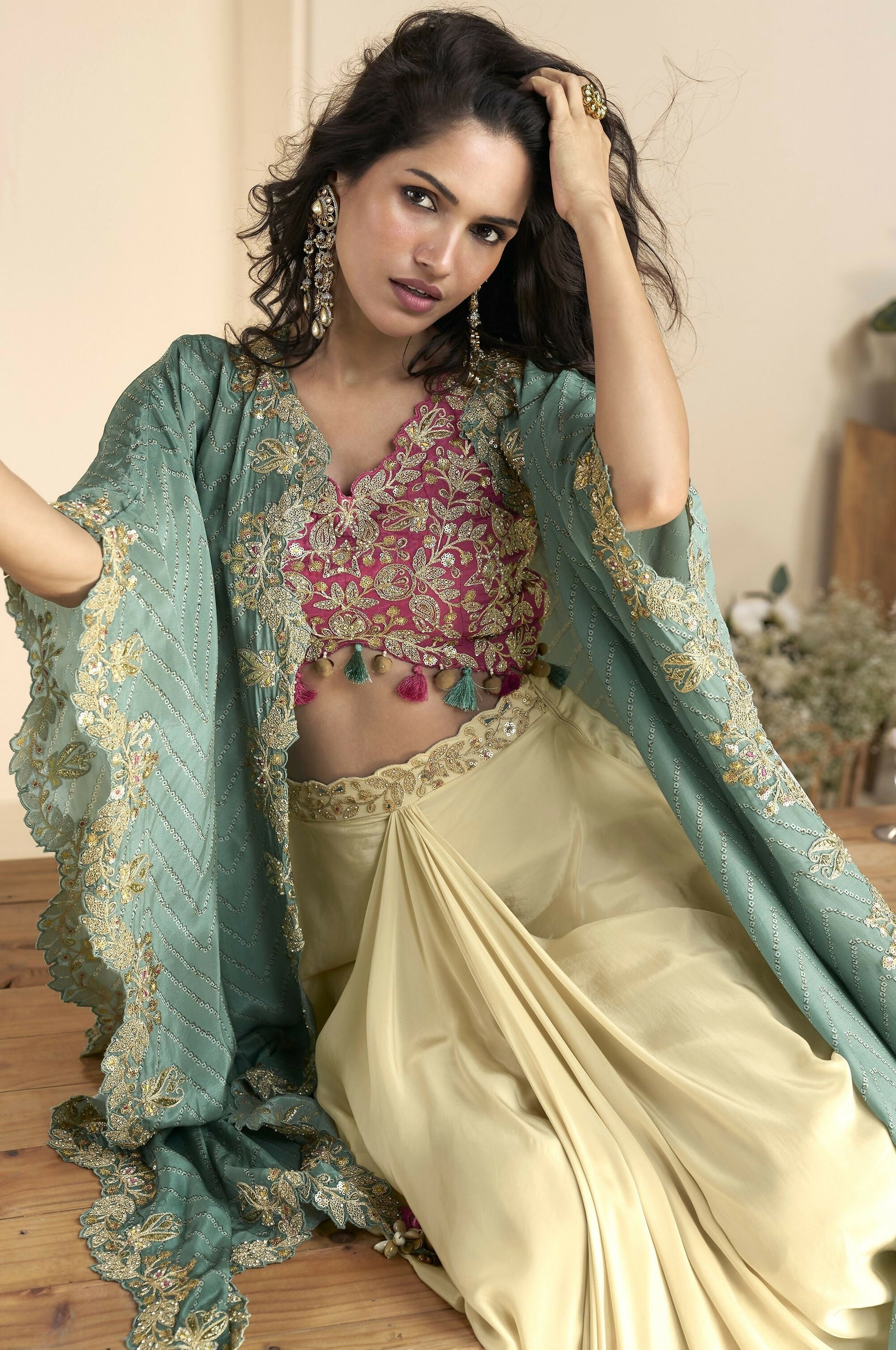 Anaita Maroon Chinon Readymade Shrug Suit with Embroidery Sequence Work