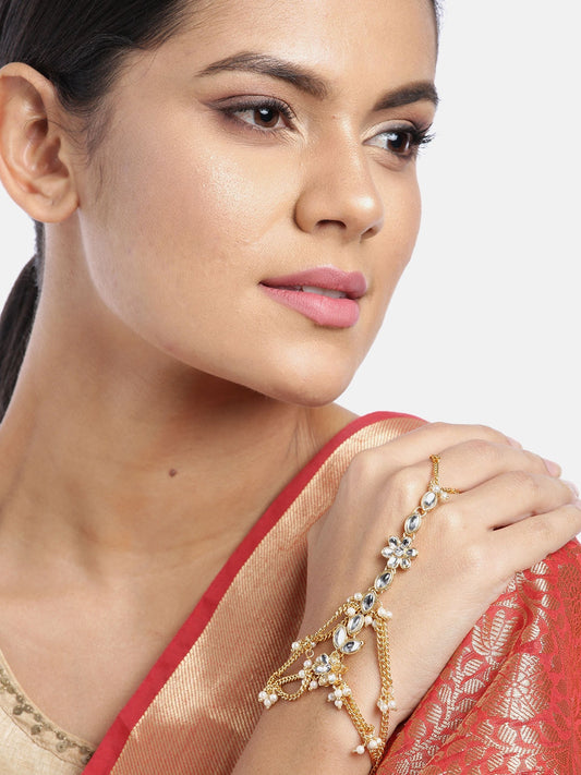 Traditional Gold-Polished Kundan Pearl Hath Phool/Punja/Adjustable Chain Bracelet with Ring for Women - Wahe Jewels
