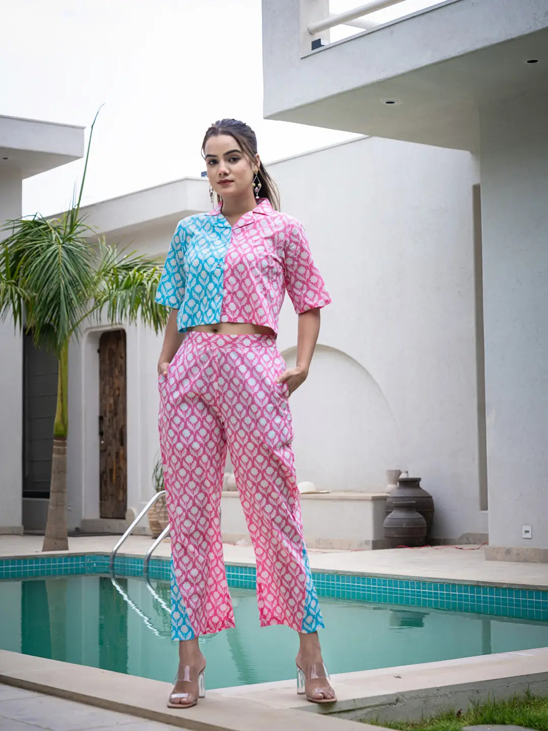 Yufta Pink And Blue Crop Top And Trouser Co Ord Set 