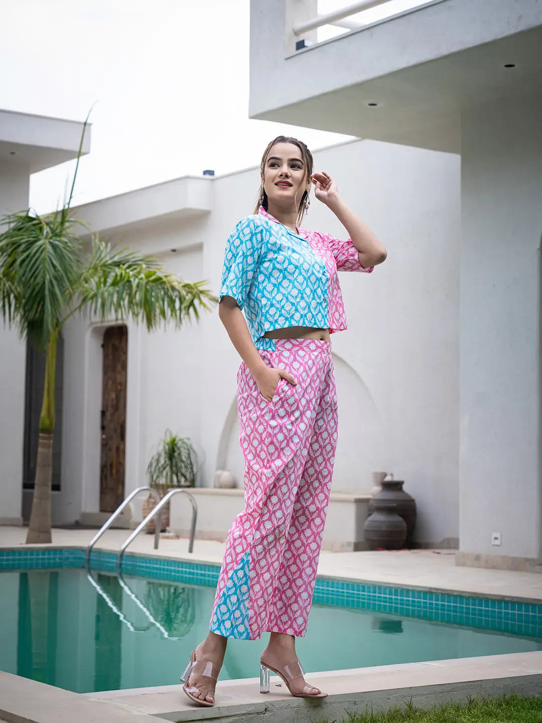 Yufta Pink And Blue Crop Top And Trouser Co Ord Set 