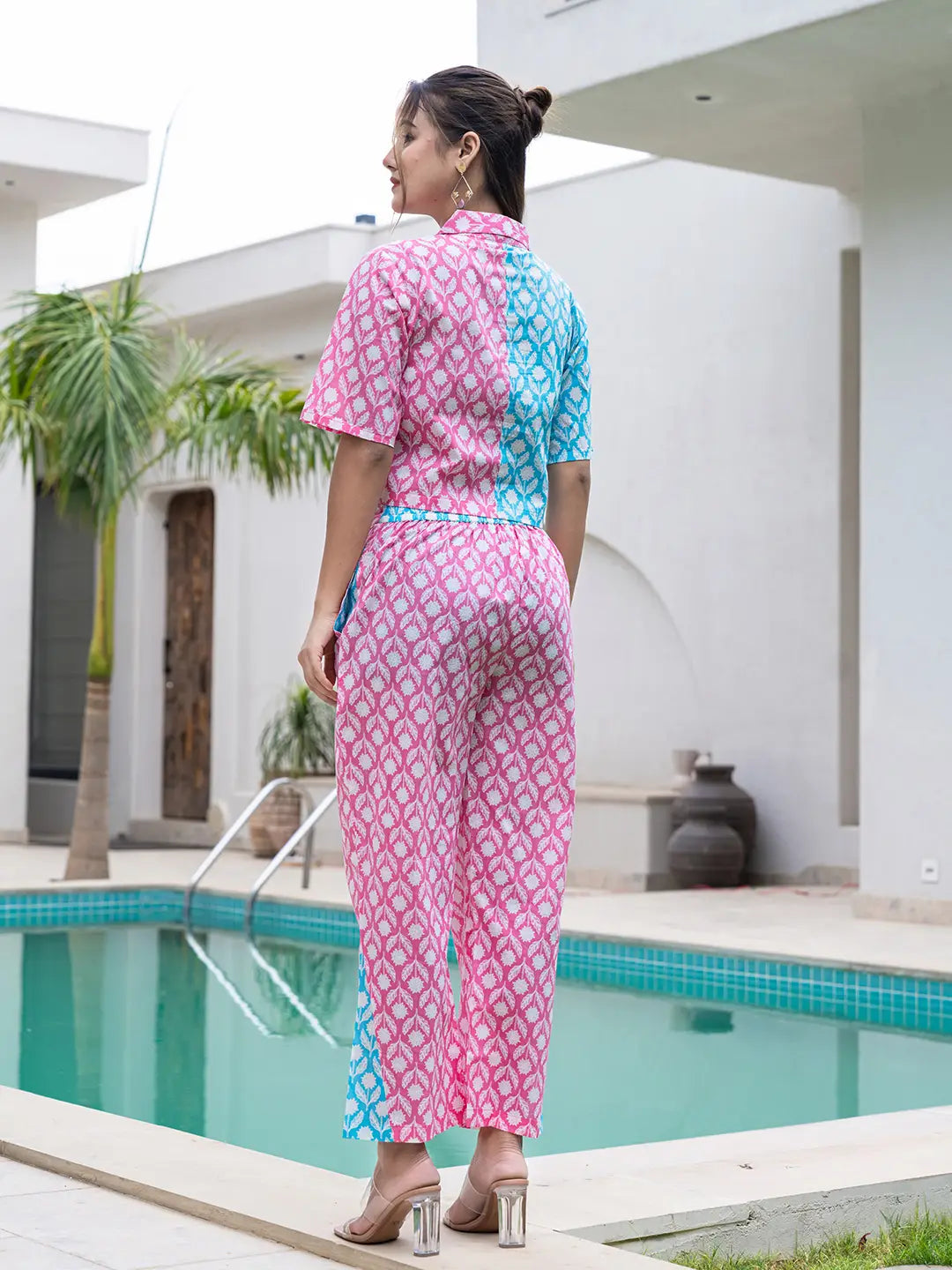 Yufta Pink And Blue Crop Top And Trouser Co Ord Set 