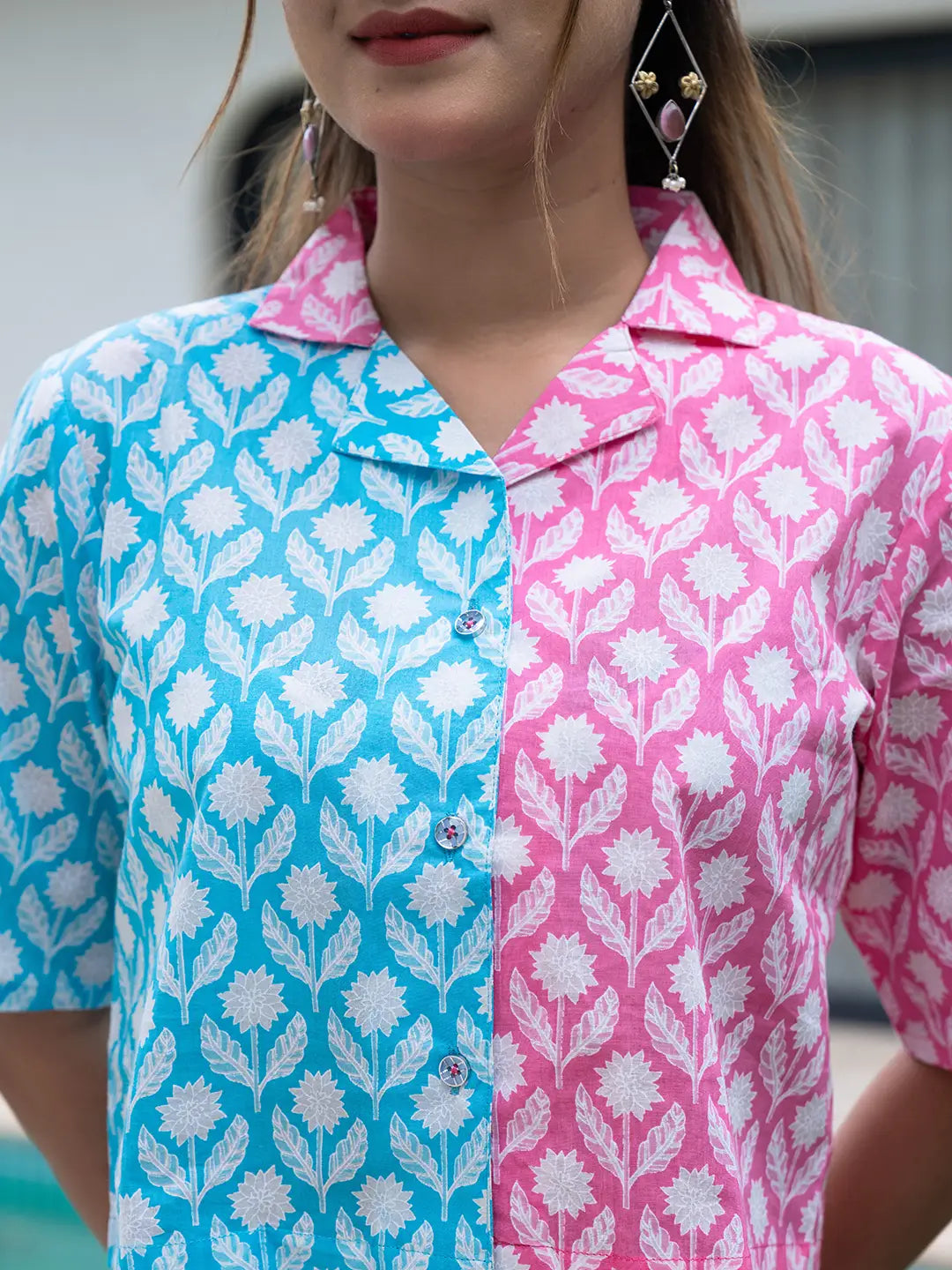 Yufta Pink And Blue Crop Top And Trouser Co Ord Set 