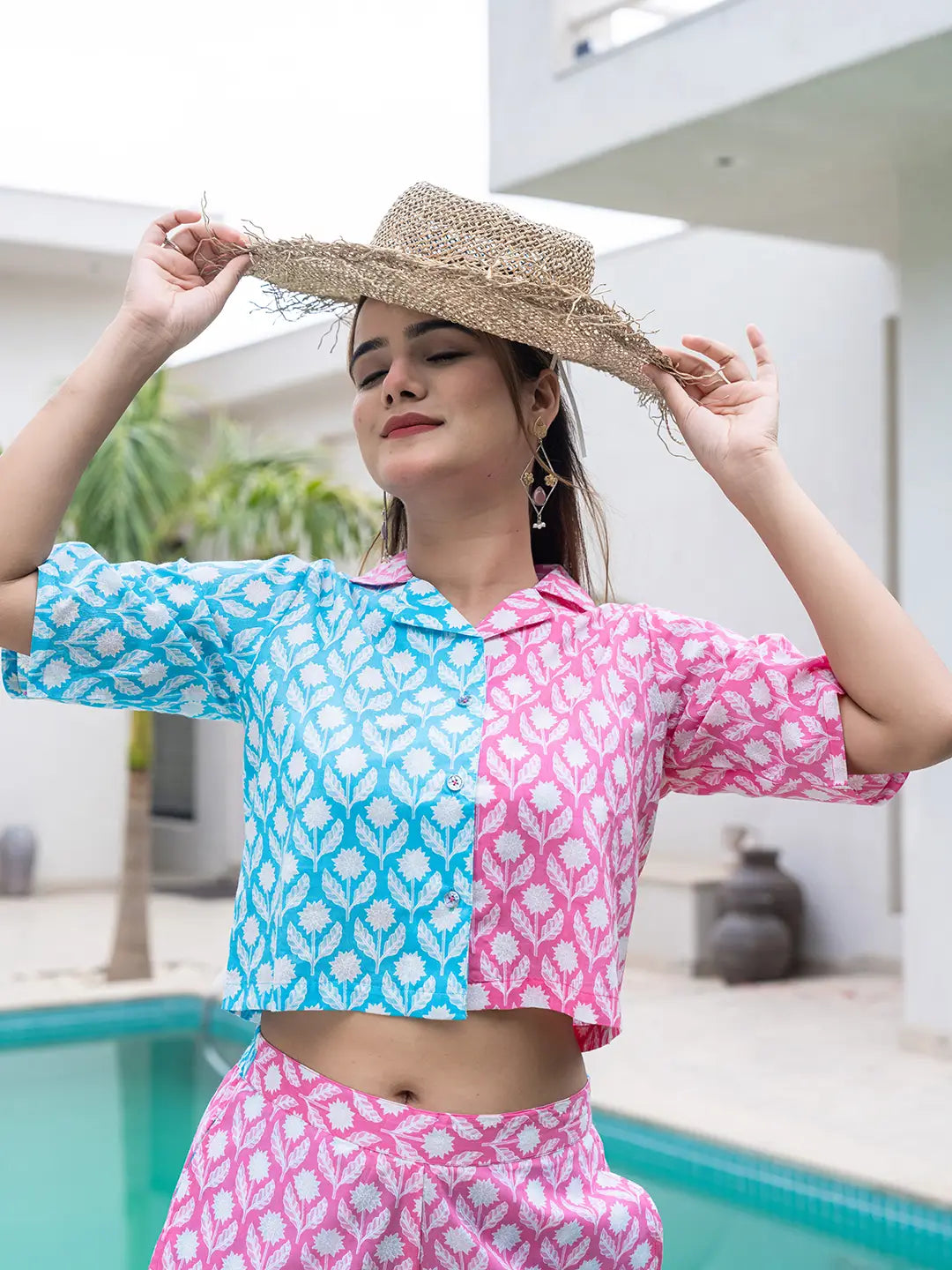 Yufta Pink And Blue Crop Top And Trouser Co Ord Set 