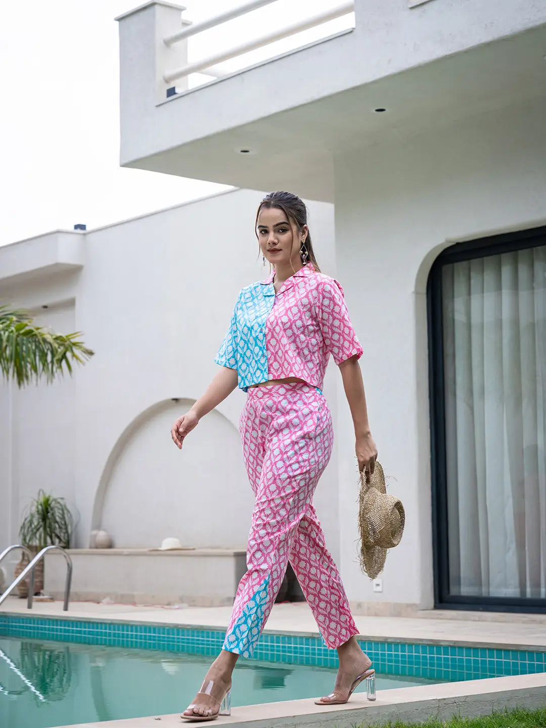 Yufta Pink And Blue Crop Top And Trouser Co Ord Set 