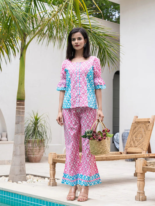 Yufta Pink & Sky Blue Colour Blocking Co Ord Set 