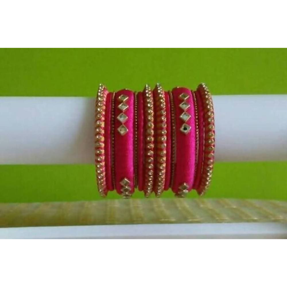 Pink Color with Diamond Shape Stone Silk Threaded Bangles Set of 2 