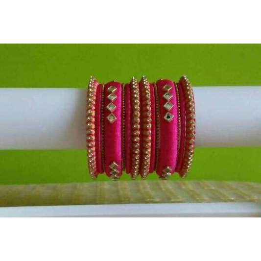 Pink Color with Diamond Shape Stone Silk Threaded Bangles Set of 2 