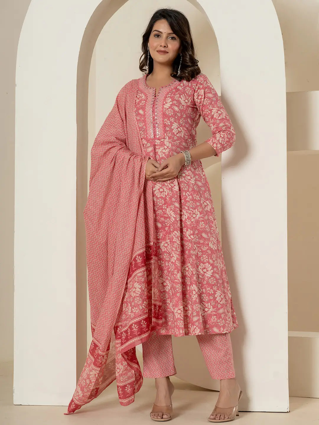 Yufta Pink Mirror_Work Cotton Anarkali Kurta Duppta Set | Grab2Buy