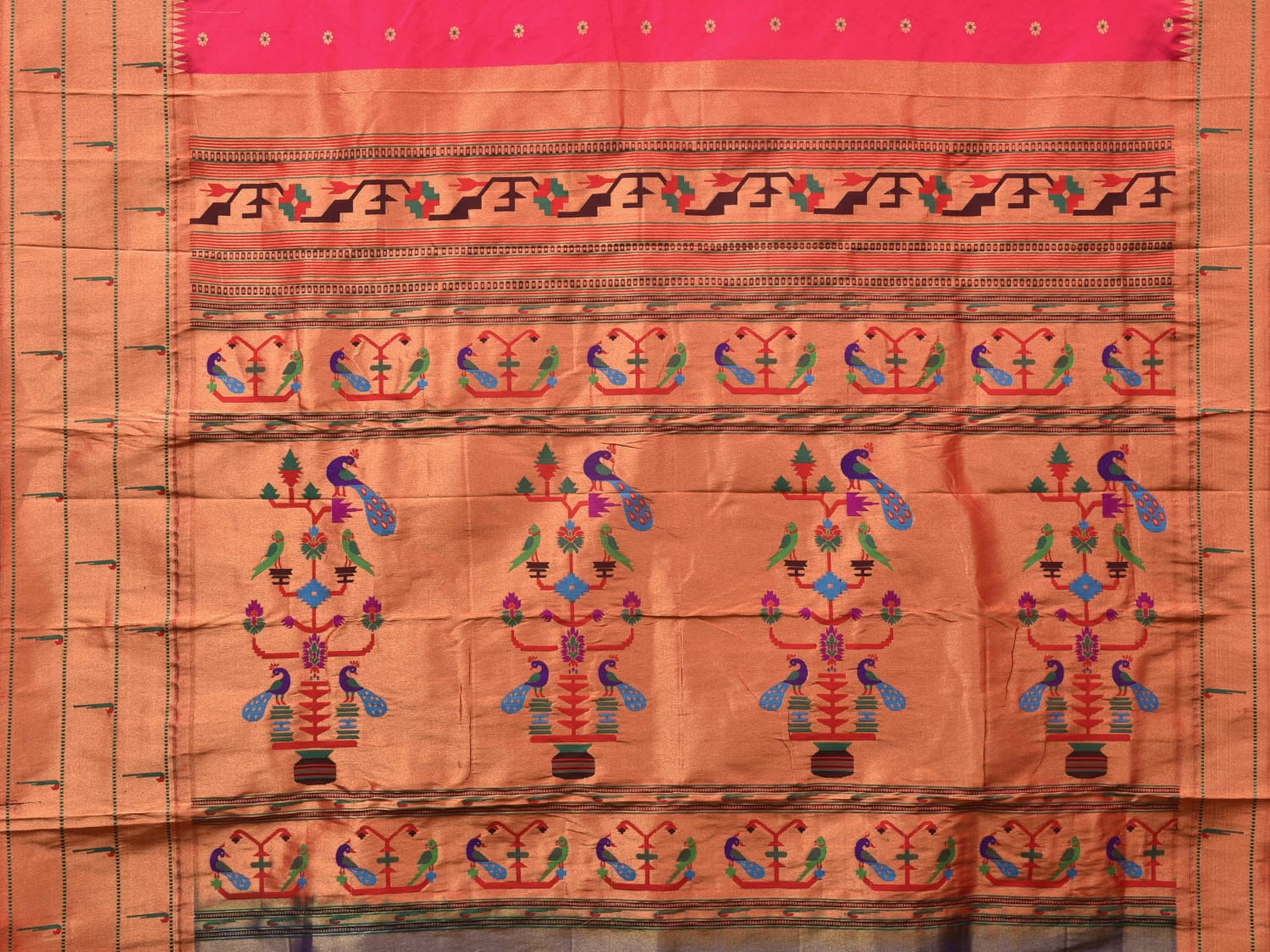 Pink Paithani Silk Handloom Grab2Buy with Triple Muniya Border Design - Global Threads 