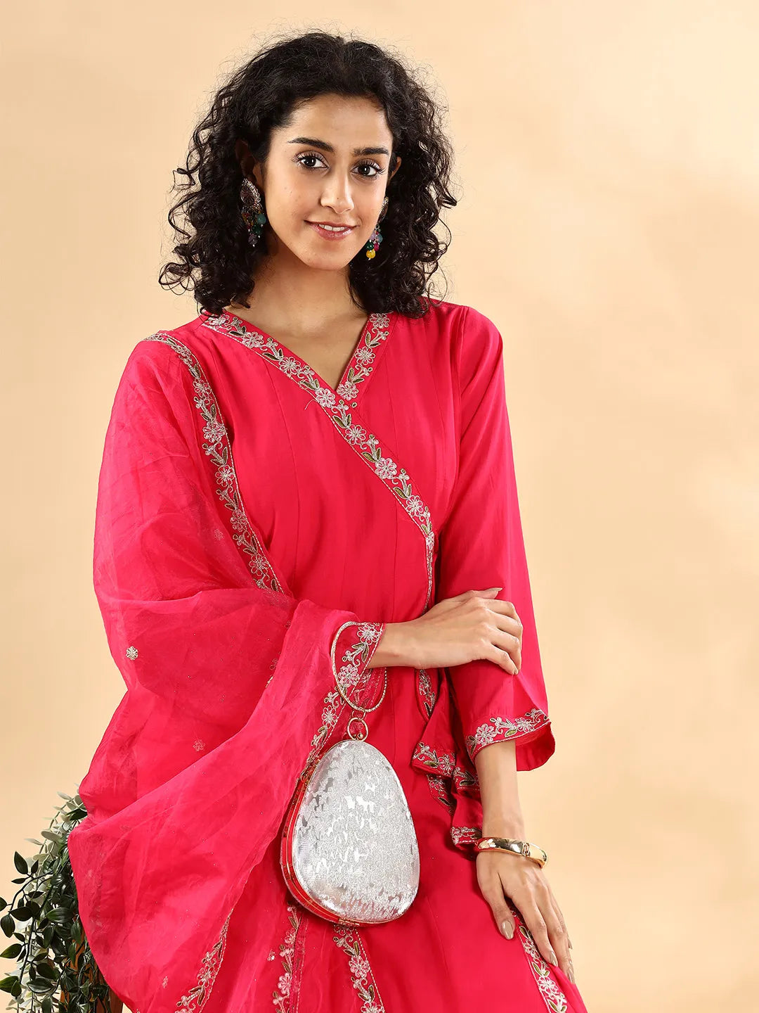 Yufta Pink Silk Embroidered Angrakha Kurta Pant Set With Organza Dupatta Set