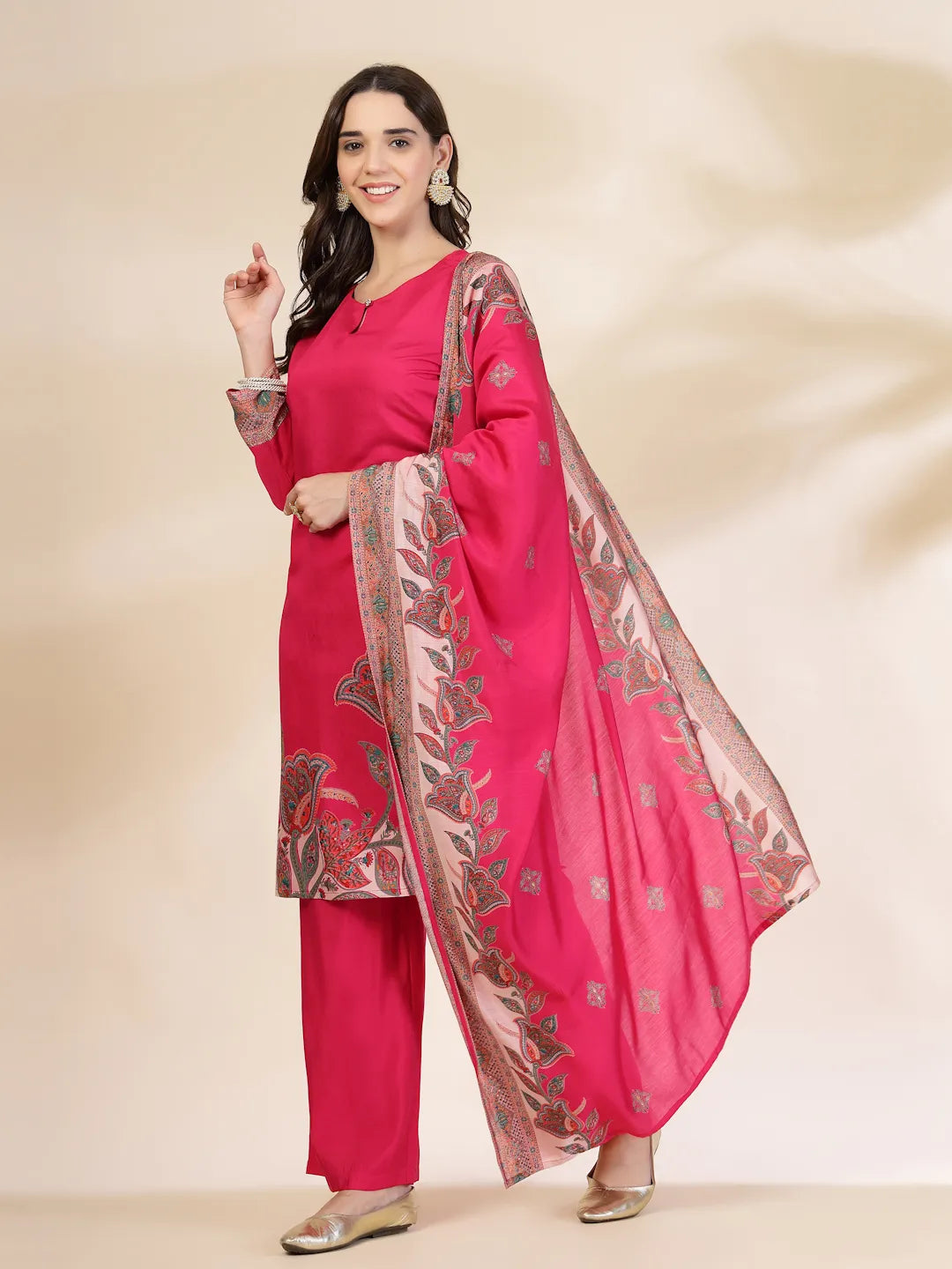 Yufta Pink Silk Straight Kurta With Palazzo Dupatta Set