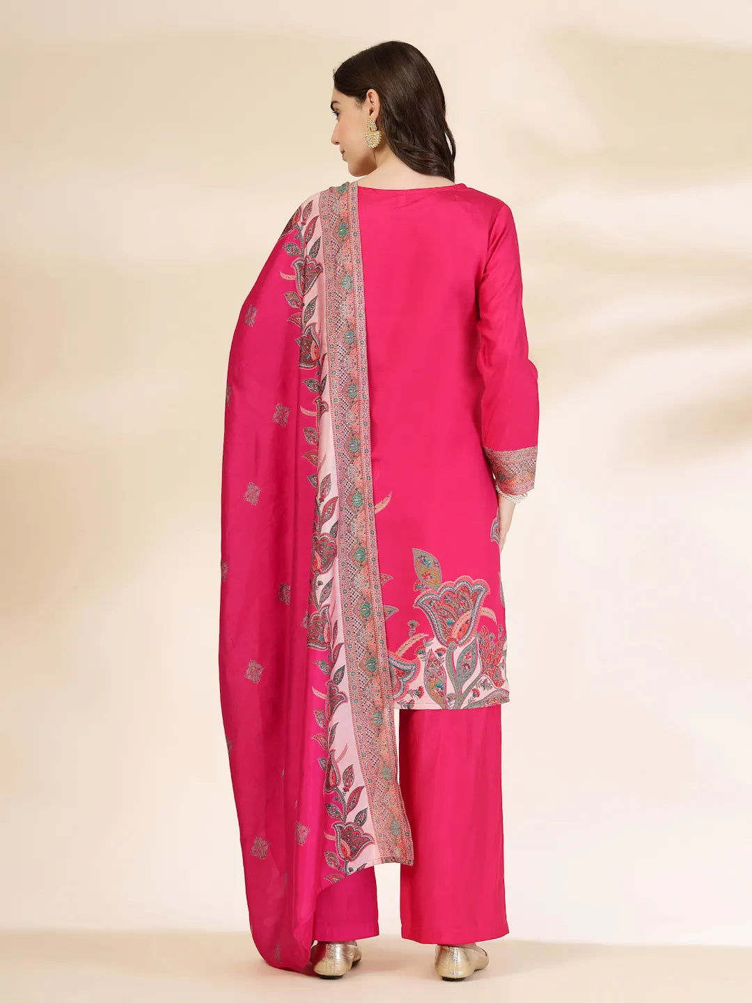 Yufta Pink Silk Straight Kurta With Palazzo Dupatta Set