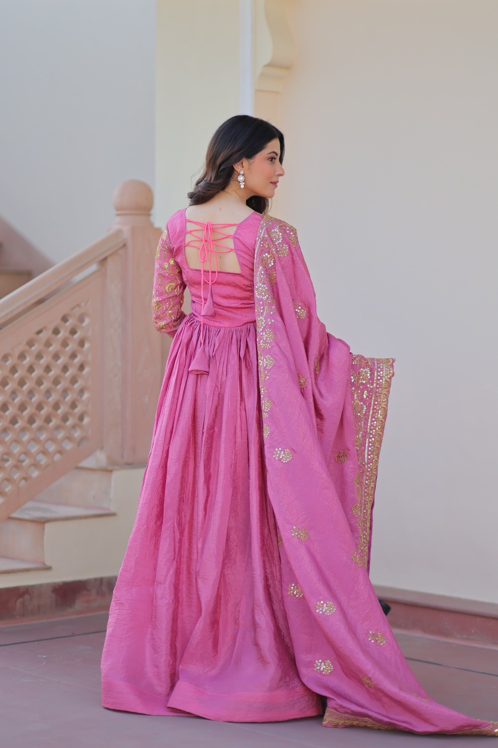 Evanik Pink Gold-Crush Fabric with Sequins & Multi Embroidered work Gown Dupatta