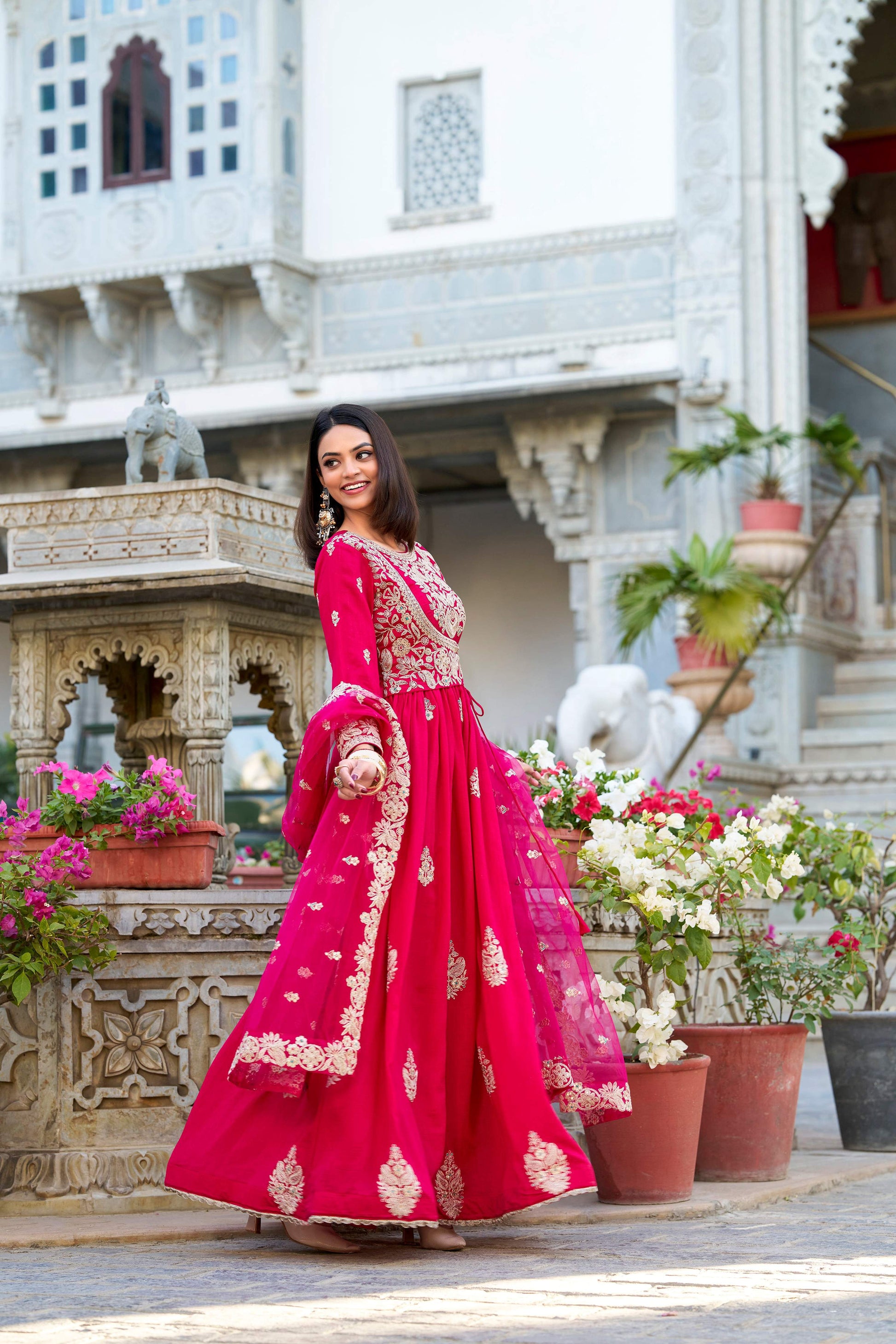 Evanik Pink Vichitra Silk Sequins and Thread Embroidery Work Gown Dupatta